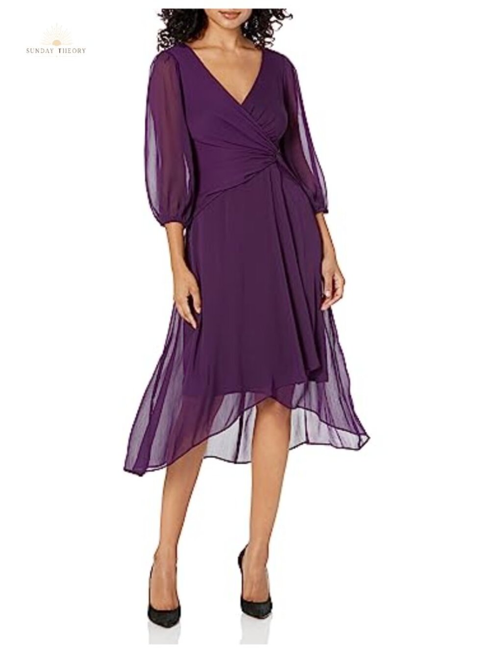 Women's Twist Front Chiffon Midi Dress Balloon Sleeve Surplice